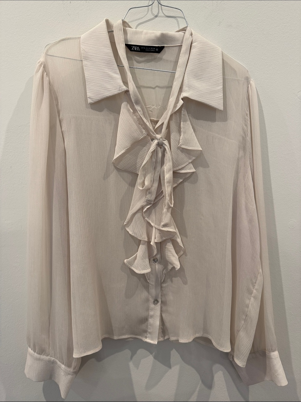 ZARA Light Cream Ruffle Tie-Neck Blouse